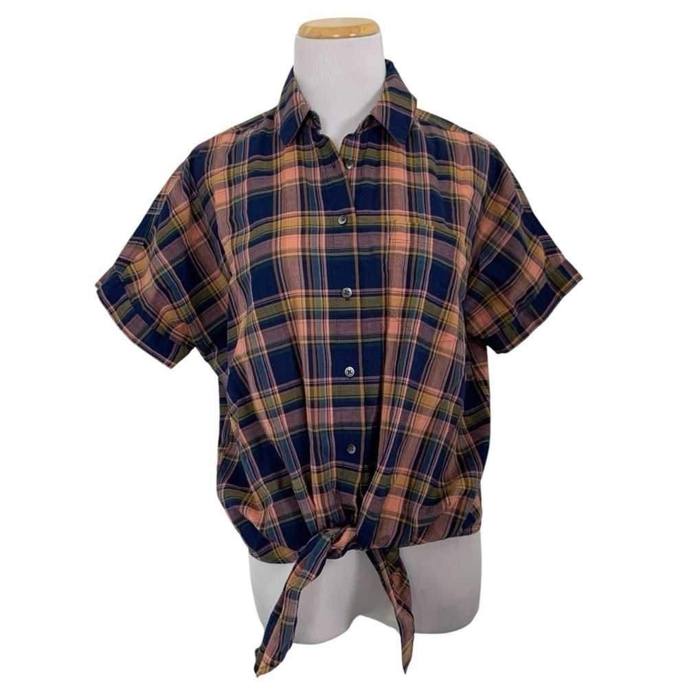 Madewell Boxy Plaid Tie Front Short Sleeve Button Up Shirt Womens XS Cotton